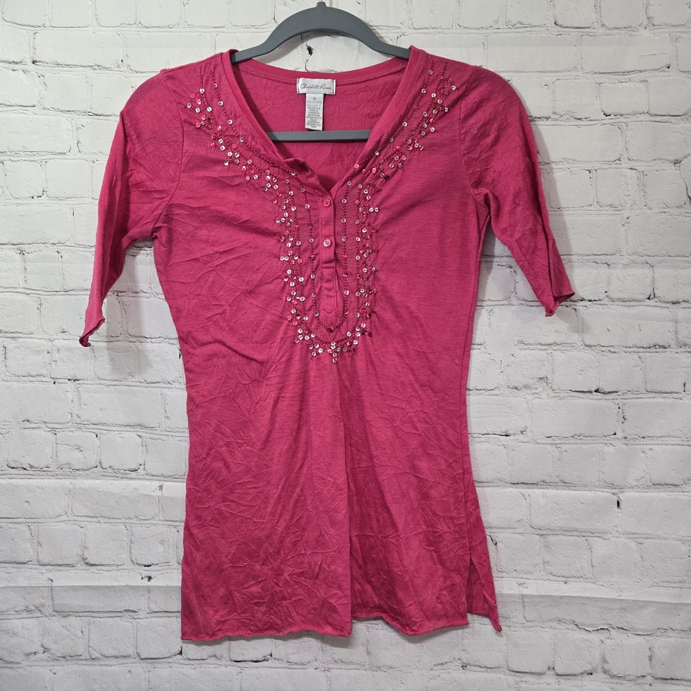 y2k charlotte russe Sequin Henley Sz Small Pink Fairy Slim Fit